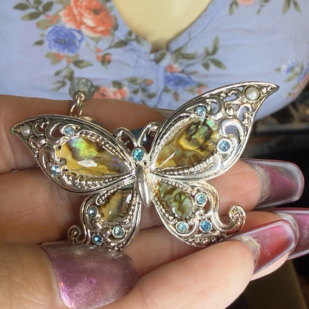 Silver tone Abalone Butterfly Necklace & Brooch